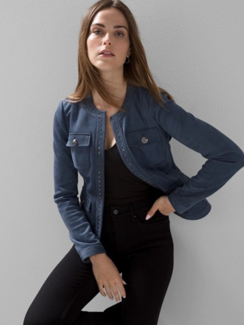 Dark Navy Suede Stud-Trim Jacket & Skirt Size 0 - Picture 2 of 12